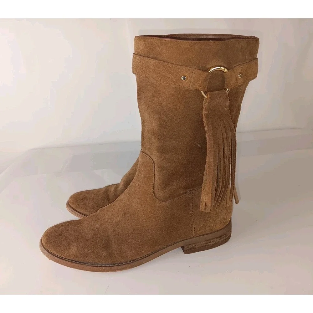 Michael Kors Rhea  Brown Suede Mid Calf Fringe Boots Shoes Tassel 8M